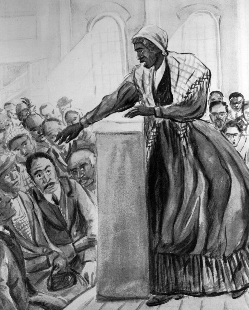 American abolitionist and women's rights activist Sojourner Truth preaching to a crowd from a lectern on a stage, circa 1860