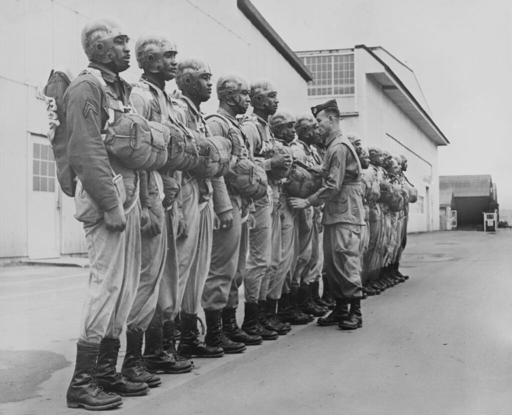 A drill instructor during an inspection of paratroopers at Fort Benning in Chattahoochee County, Georgia, 24th February 1944