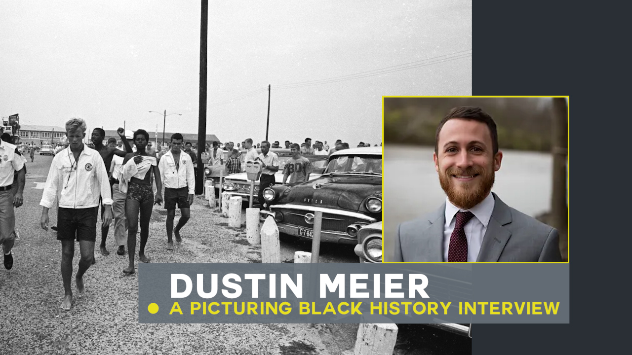 Dustin Meier and image of white and Black people walking in a beach parking lot