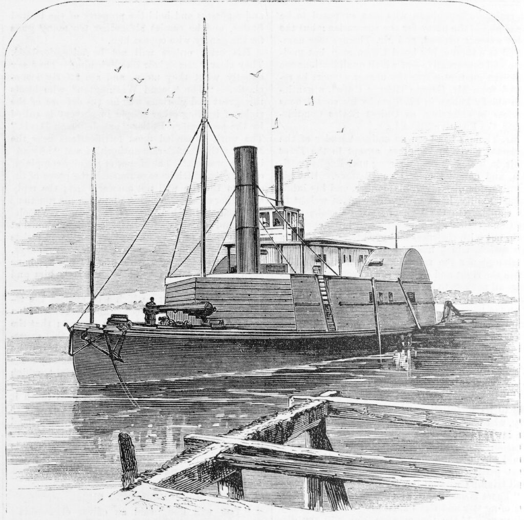 Copy of an illustration depicting the Confederate gunboat 'Planter,' which was run out of Charleston harbor by Robert Smalls, in a successful attempt to free himself and his family from slavery, 1862.