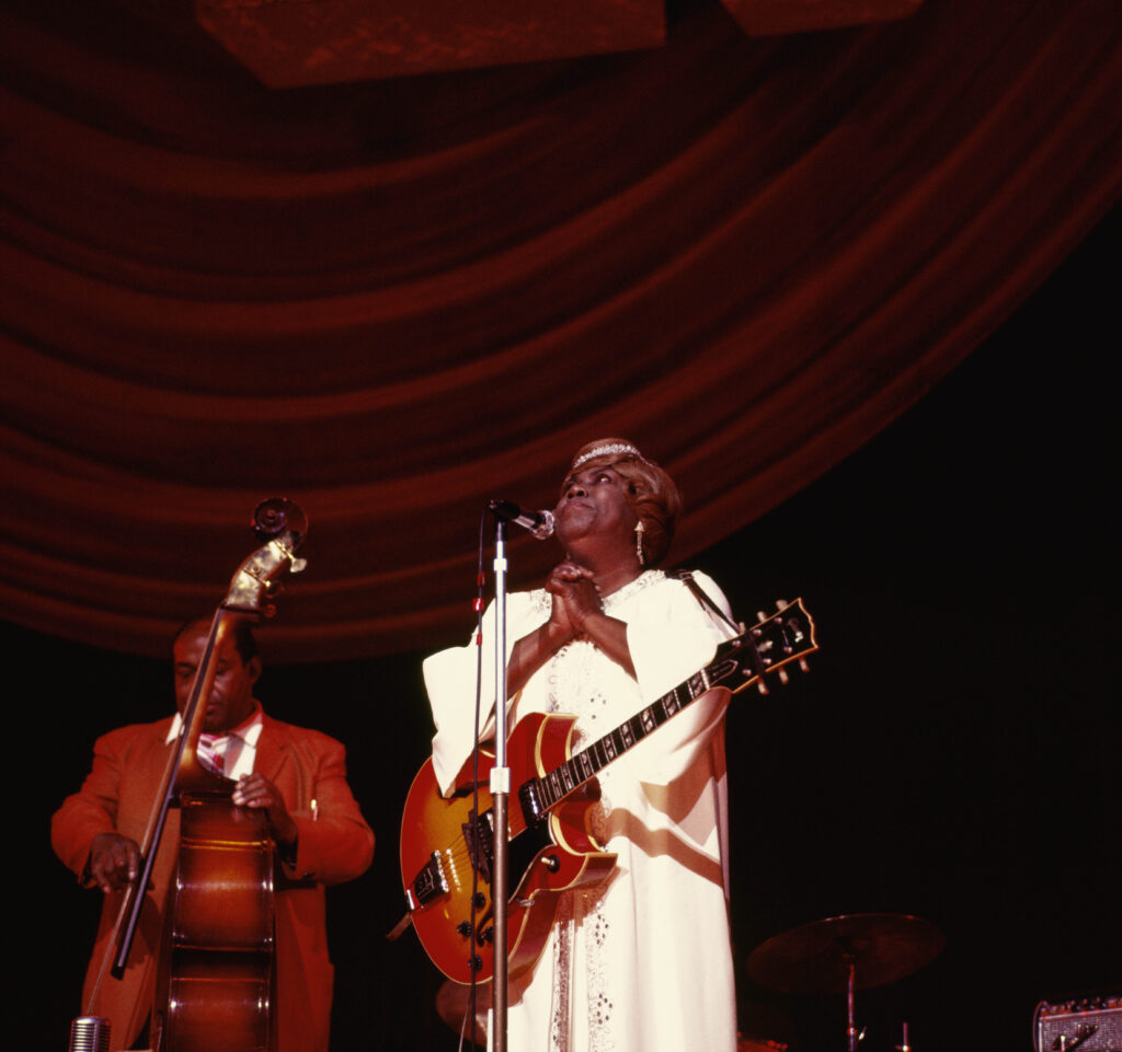 Sister Rosetta Tharpe performs on stage at Hammersmith Odeon, London, 1967.