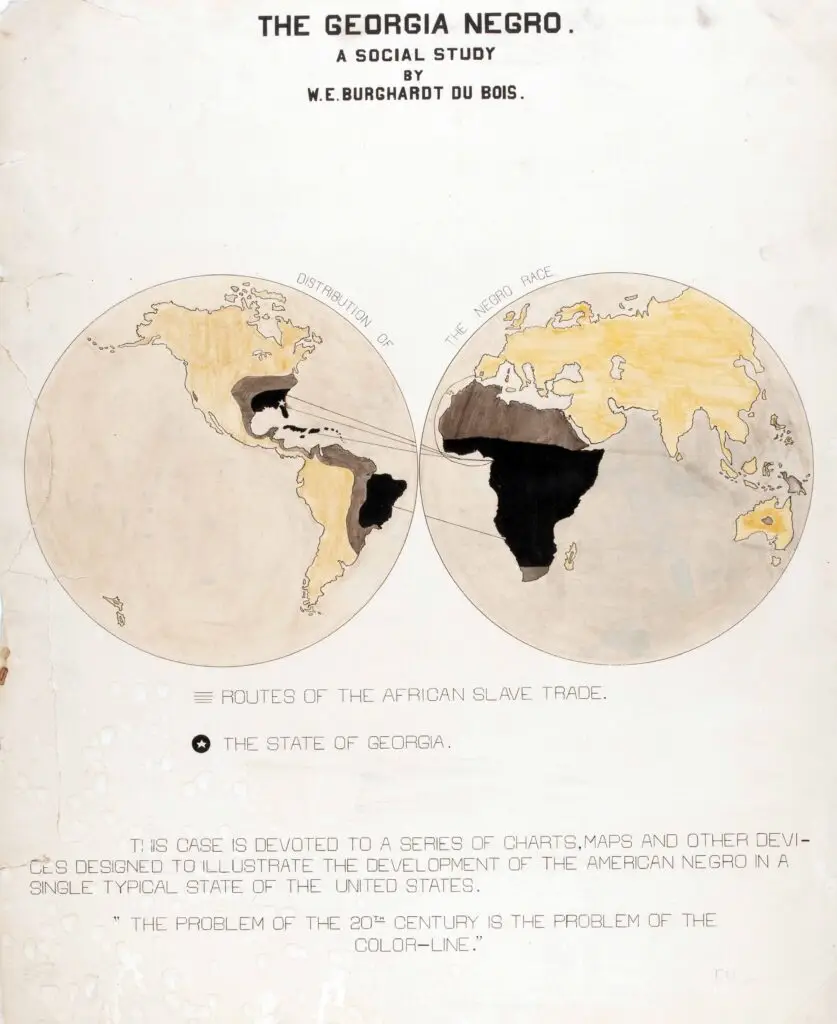 Diagram shows routes of the African slave trade with state of Georgia starred, 1900. Original text reads "The Georgia Negro" A social study by William Edward Burghardt Du Bois.