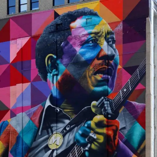 Eduardo Kobra's 'Muddy Waters Tribute' mural, part of the Wabash Arts Corridor is displayed downtown in Chicago, Illinois on April 13, 2019.