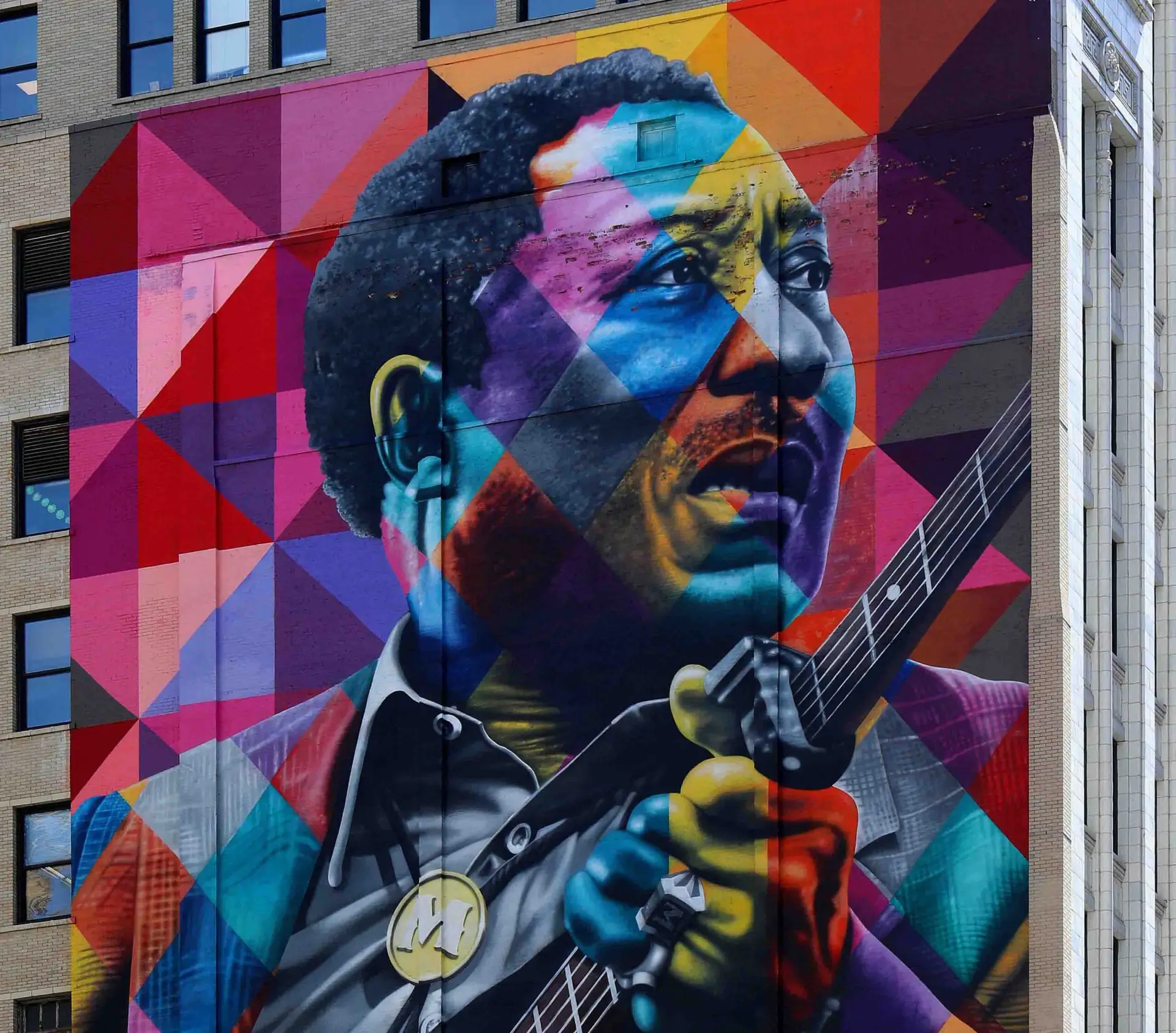 Eduardo Kobra's 'Muddy Waters Tribute' mural, part of the Wabash Arts Corridor is displayed downtown in Chicago, Illinois on April 13, 2019.