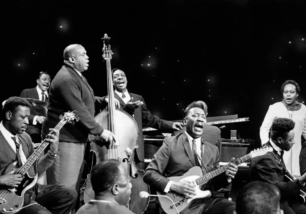 Blues greats perform on CBC-TV's The Blues, a "Festival" special starring among others Willie Dixon (stand-up bass), Muddy Waters (guitar), Otis Spann (piano) and Mable Hillery (left) was broadcast on February 23 1966 in Toronto, Canada.