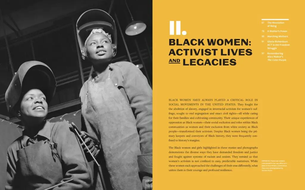 PBH book page, Black Women: Activist Lives and Legacies. Two women wearing welding hoods and overalls
