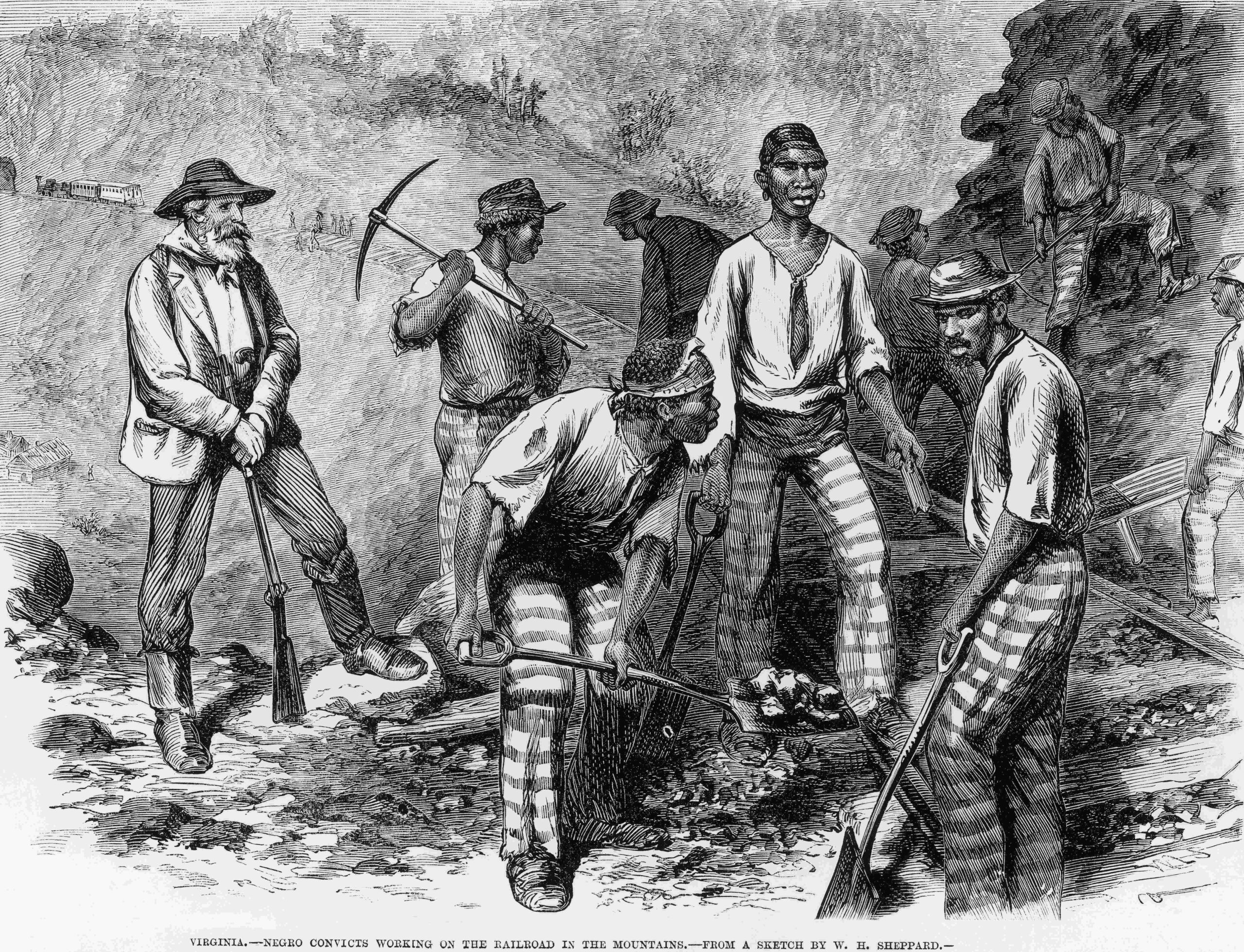 Engraving of group of black convicts with tools and convict uniforms working on railway track beside white supervisor with rifle circa 1870, text 'Virginia - Negro Convicts Working on the Railroad in the Mountain - from a Sketch by W H Sheppard'.