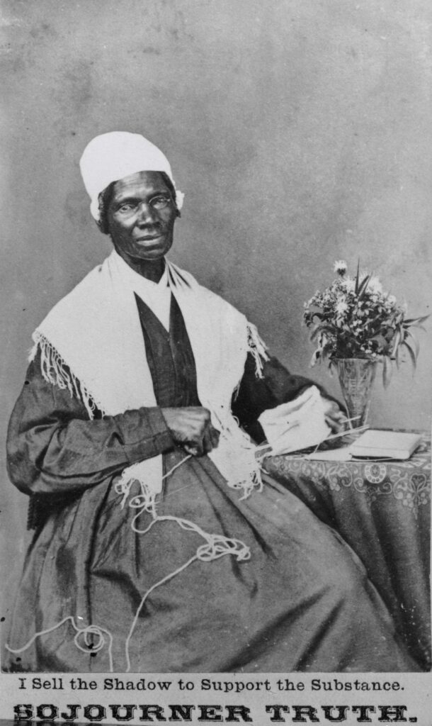 Portrait of American abolitionist and feminist Sojourner Truth (1797 - 1883), a former slave who advocated emancipation, with text reading "I sell the shadow to support the substance", circa 1880.