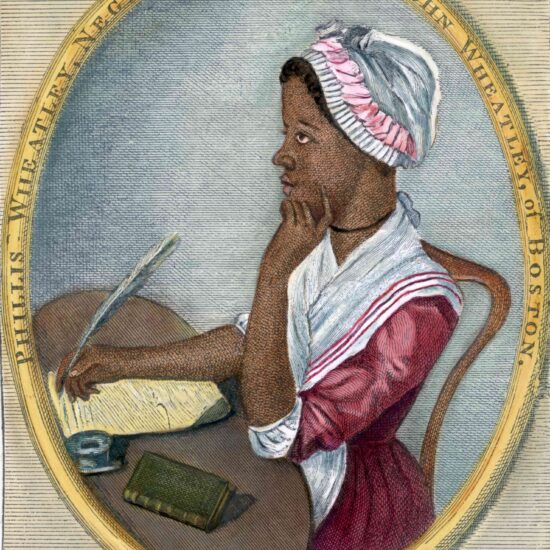 Phillis Wheatley (1753-1784). Portrait of American poet seated at a desk writing with a quill pen. Undated hand-tinted color engraving with an original caption which reads: "Phillis Wheatley, Negro servant to Mr. John Wheatley, of Boston."