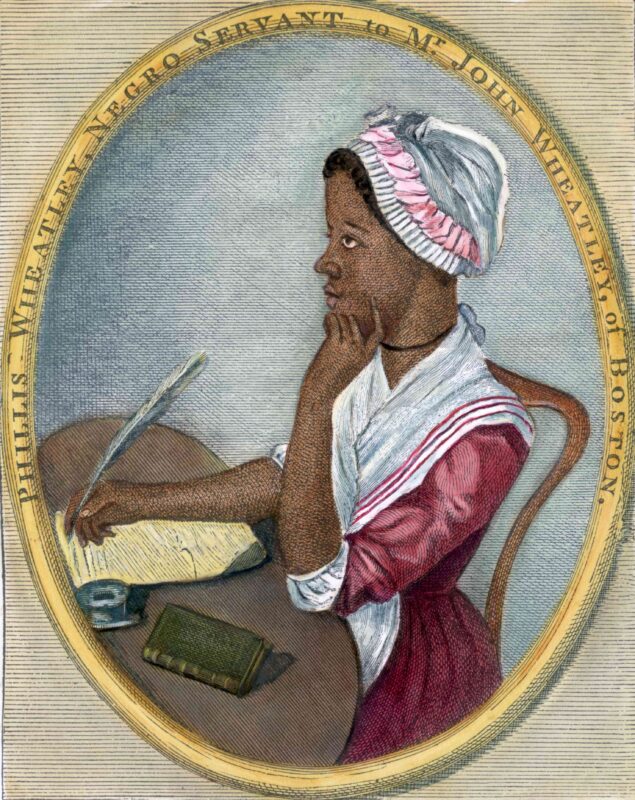 Phillis Wheatley (1753-1784). Portrait of American poet seated at a desk writing with a quill pen. Undated hand-tinted color engraving with an original caption which reads: "Phillis Wheatley, Negro servant to Mr. John Wheatley, of Boston."