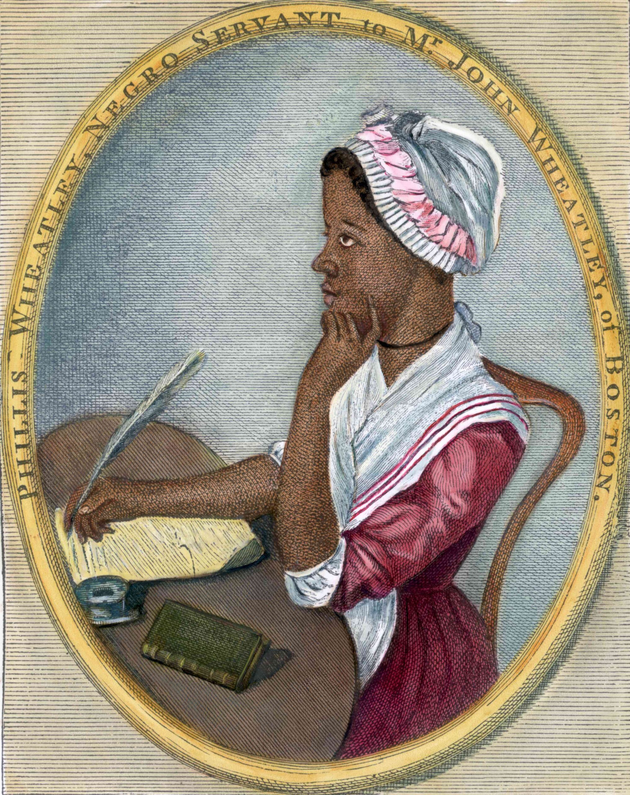 Phillis Wheatley (1753-1784). Portrait of American poet seated at a desk writing with a quill pen. Undated hand-tinted color engraving with an original caption which reads: "Phillis Wheatley, Negro servant to Mr. John Wheatley, of Boston."