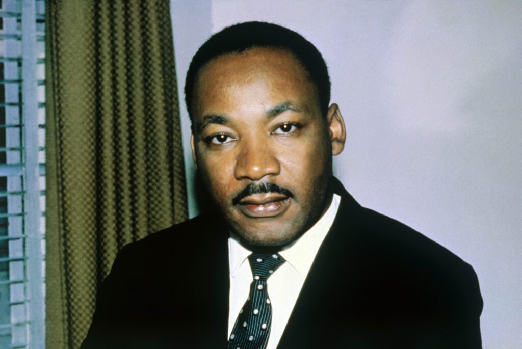 Close-up of the Reverend Dr. Martin Luther King, Jr. shown in this photo head shoulders, alone.